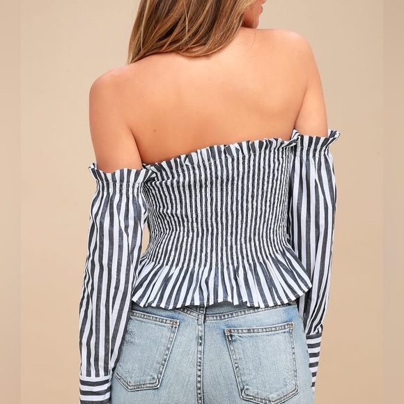 Lulus | Like You A Yacht Blue and White Striped Off-the-Shoulder Top XS - Picture 9 of 11